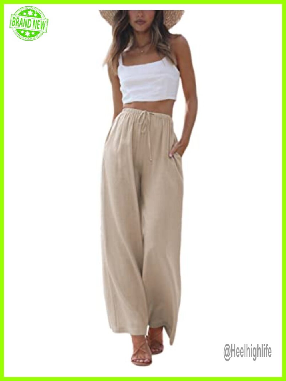 Wide Leg Palazzo Pants Drawstring High Rise Cotton Linen Summer Beach Trousers